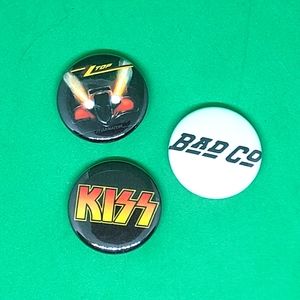 button pins, retro buttons, pin back buttons, music, Kiss, Bad Co, ZZTop, rock